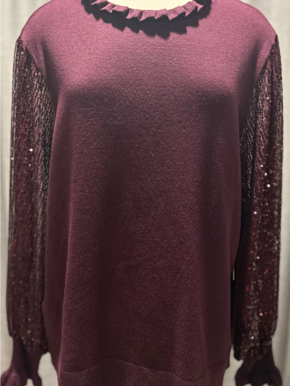 CeCe Plum Knit Sweater with Sequin Fringe Sleeves